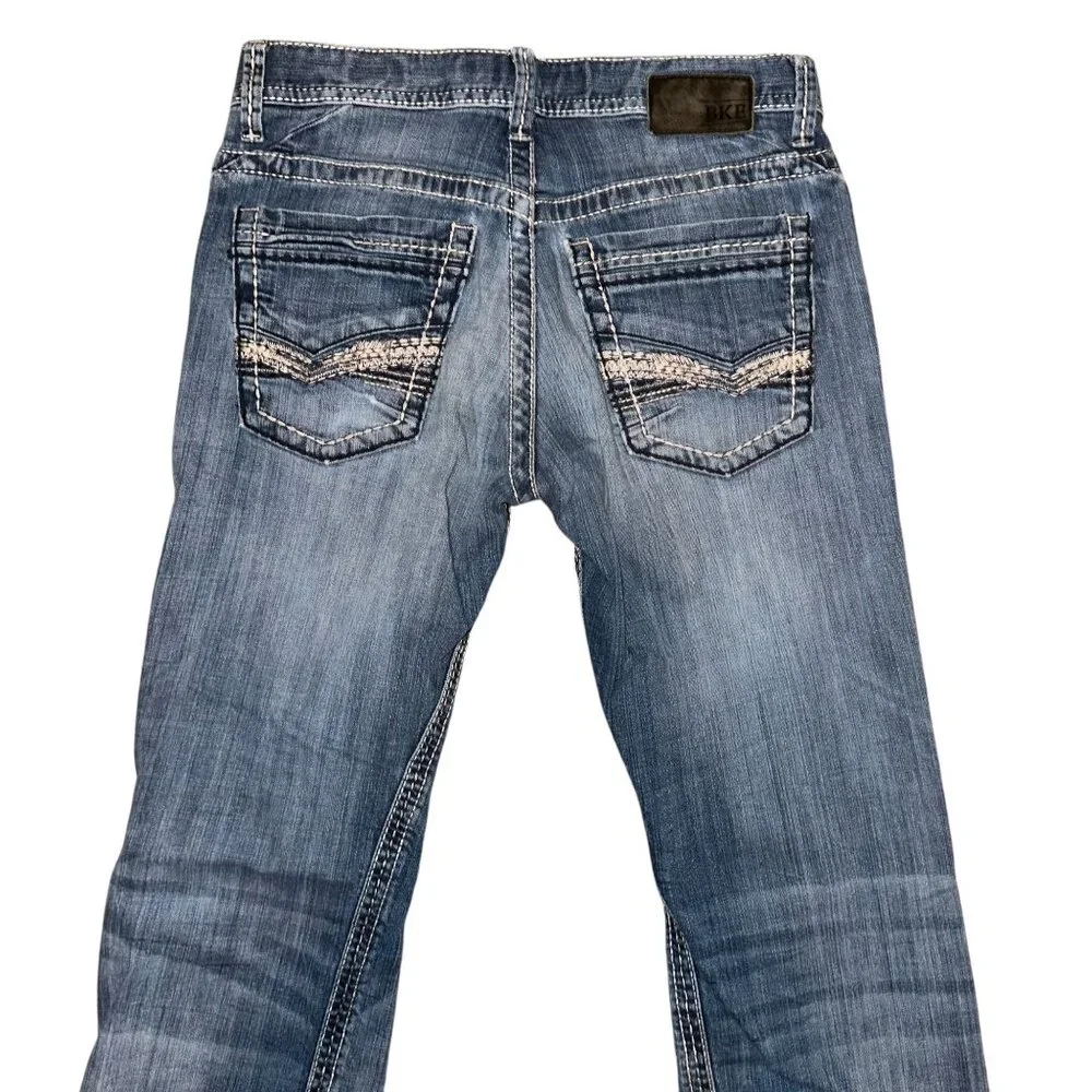 BKE Carter Straight Leg Jeans Mens 30 27 Light Wash Well Worn Grunge Embroidered
